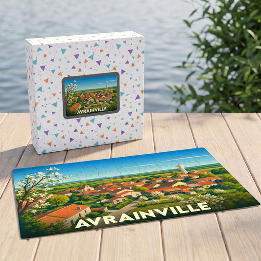 Puzzle souvenir de la ville de Avrainville avec une illustration paysagère stylisée.