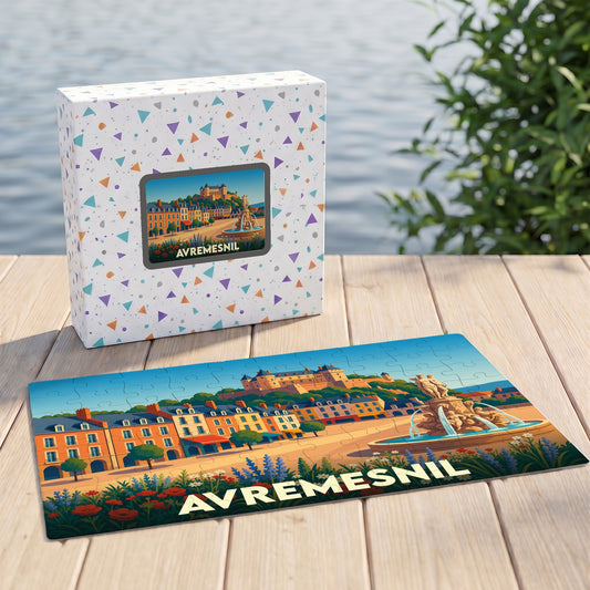 Puzzle souvenir de la ville d'Avremesnil avec une illustration colorée d'un paysage urbain historique.