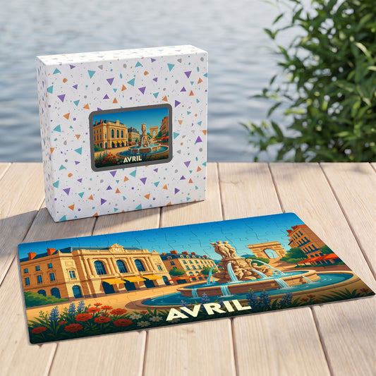 Puzzle souvenir de la ville de Montpellier avec une illustration stylisée de la place de la Comédie et l'inscription "Avril".