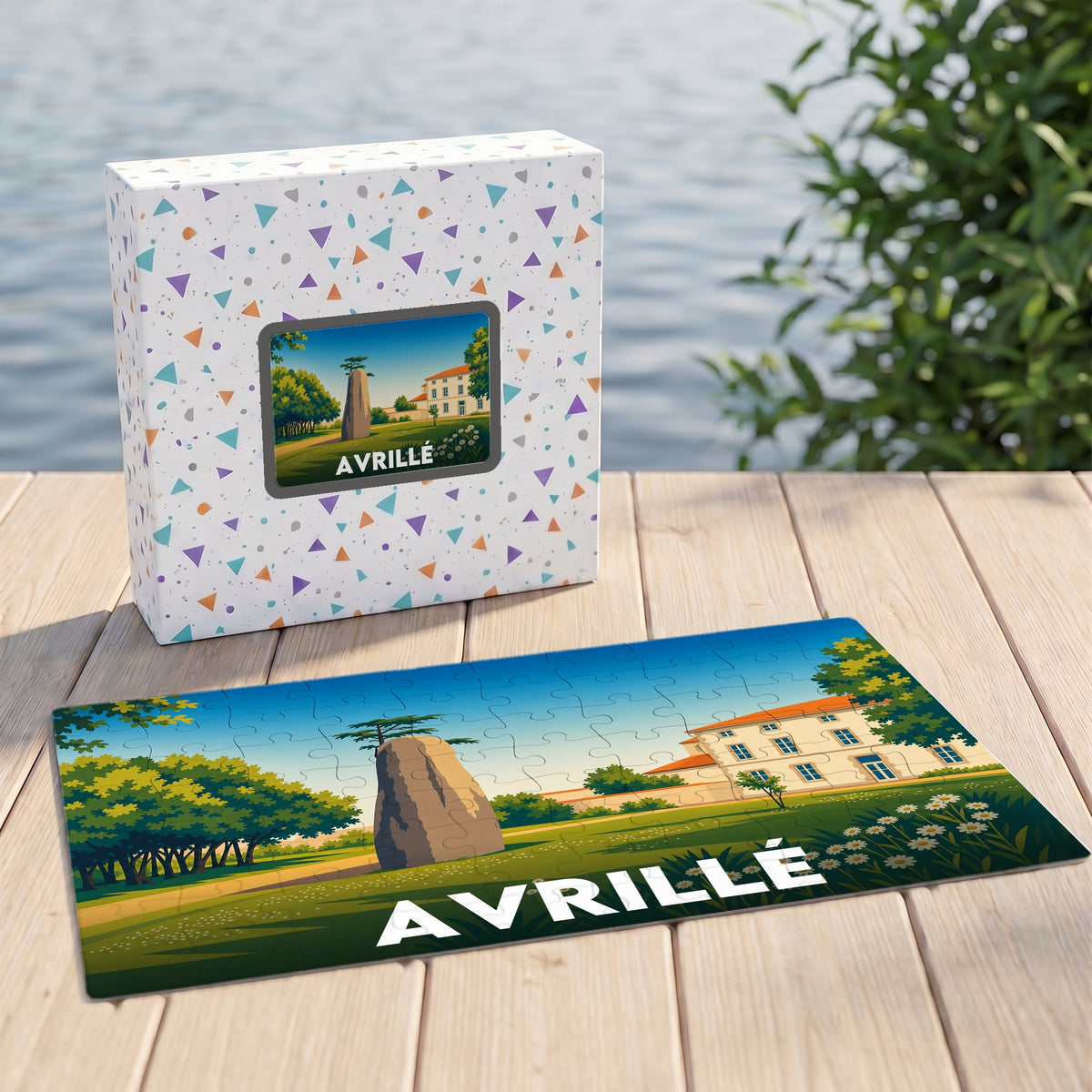 Puzzle souvenir de la ville d'Avrillé avec une illustration stylisée d'un menhir et de son château.