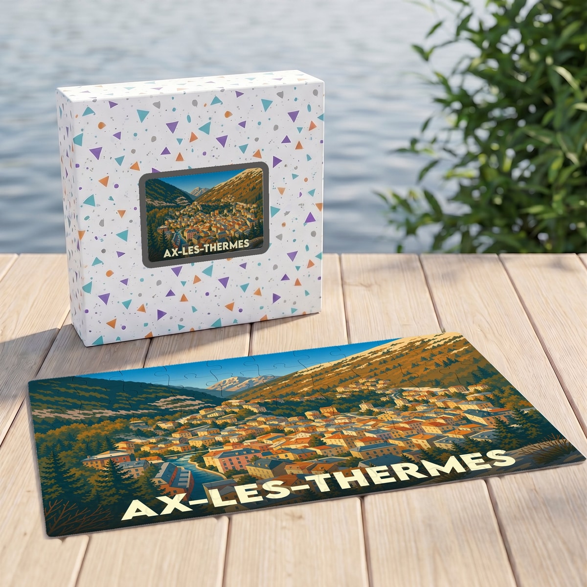 Puzzle souvenir de la ville d'Ax-les-Thermes présentant une illustration panoramique et stylisée de la commune.