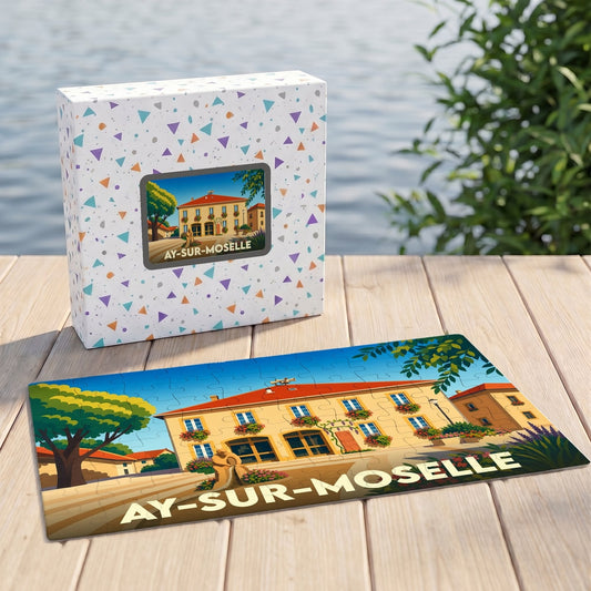 Puzzle souvenir de la ville d'Ay-sur-Moselle avec une illustration colorée et stylisée de son architecture.