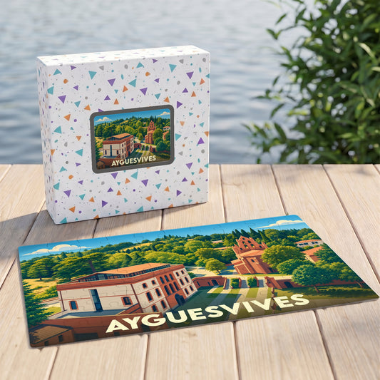 Puzzle souvenir de la ville d'Ayguesvives présentant une illustration colorée et stylisée de son paysage urbain.