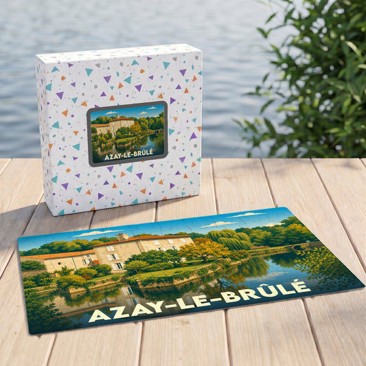 Puzzle souvenir de la ville d'Azay-le-Brûlé avec son illustration de paysage et sa boîte assortie.