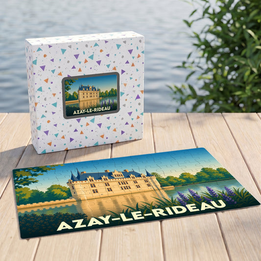 Puzzle souvenir de la ville de Azay-le-Rideau illustrant son château et ses reflets sur l'eau.