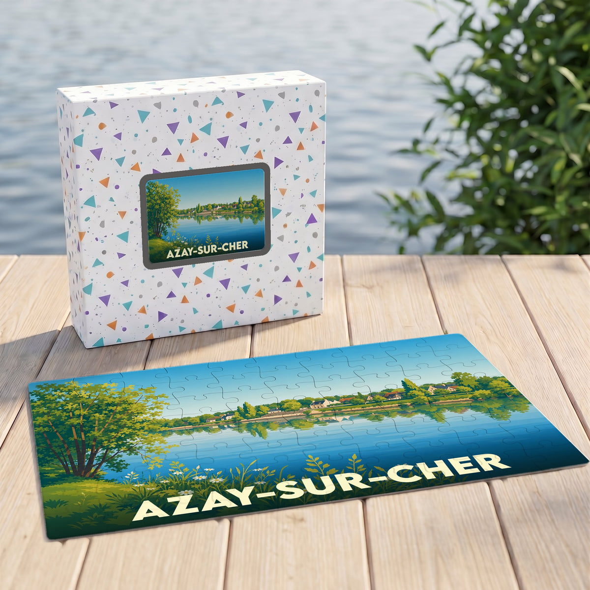 Puzzle souvenir de la ville d'Azay-sur-Cher avec une illustration stylisée représentant les bords du Cher.
