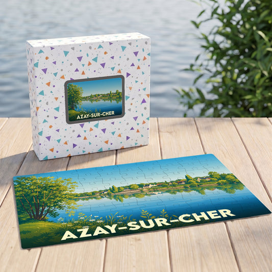 Puzzle souvenir de la ville d'Azay-sur-Cher avec une illustration stylisée représentant les bords du Cher.