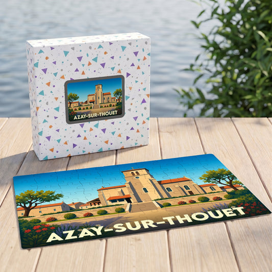Puzzle souvenir de la ville d'Azay-sur-Thouet avec une illustration stylisée de son église.