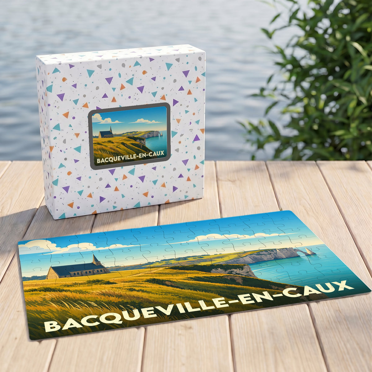 Puzzle souvenir de la ville de Bacqueville-en-Caux illustrant un paysage de falaises côtières.