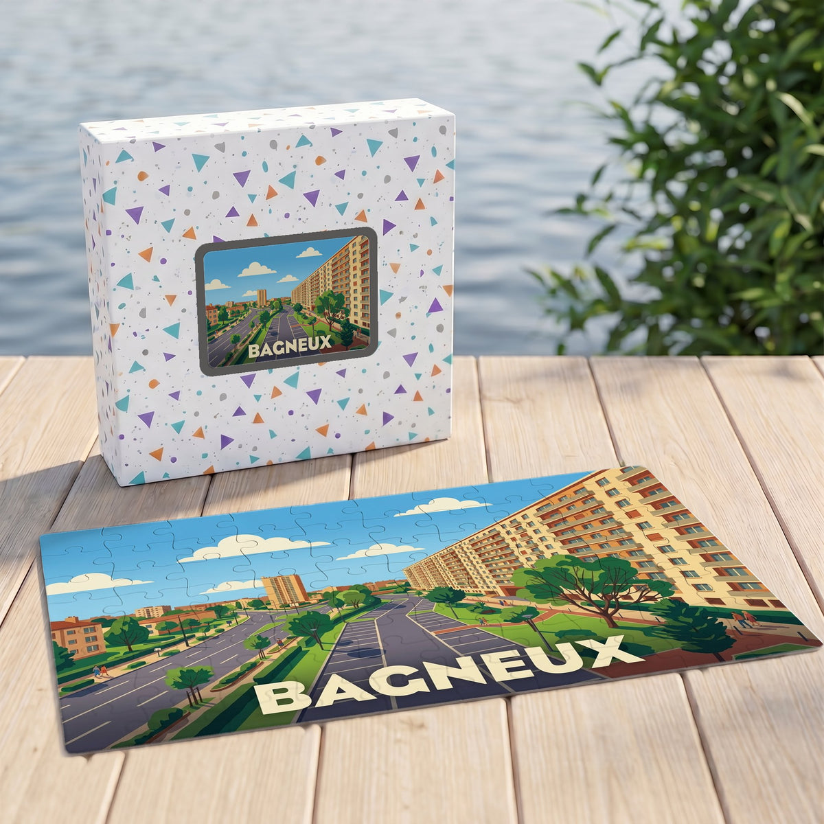 Puzzle souvenir de la ville de Bagneux avec une illustration urbaine colorée.