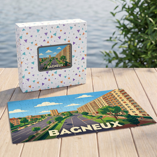 Puzzle souvenir de la ville de Bagneux avec une illustration urbaine colorée.