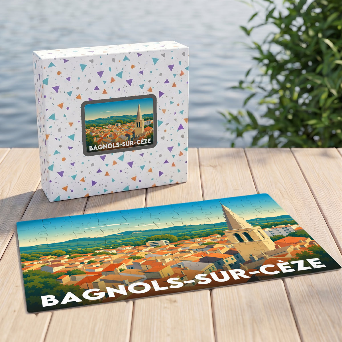 Puzzle souvenir de la ville de Bagnols-sur-Cèze avec une illustration stylisée de ses toits et de son clocher.