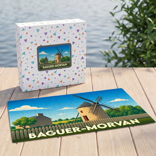 Puzzle souvenir de la ville de Baguer-Morvan illustrant un moulin à vent dans un style graphique épuré.