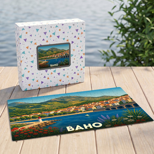 Puzzle souvenir de la ville de Baho avec une illustration stylisée d'un paysage côtier.