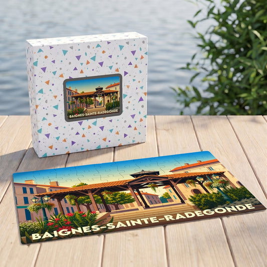 Puzzle souvenir de la ville de Baignes-Sainte-Radegonde avec une illustration colorée et son coffret assorti.