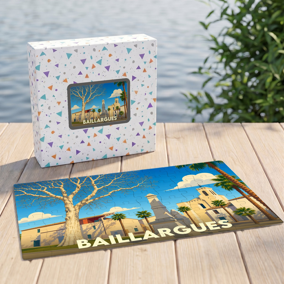 Puzzle souvenir de la ville de Baillargues illustrant un paysage urbain ensoleillé avec son église et son monument.