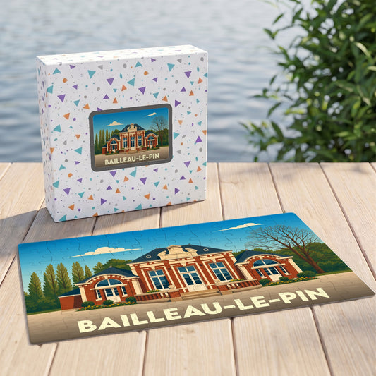 Puzzle souvenir de la ville de Bailleau-le-Pin avec une illustration stylisée de son architecture locale.