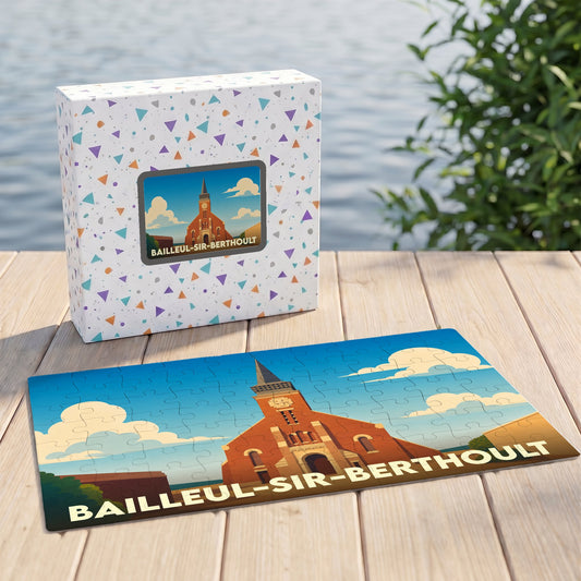 Puzzle souvenir de la ville de Bailleul-Sir-Berthoult avec une illustration stylisée d'un monument local.
