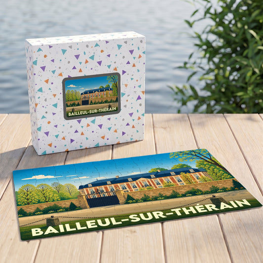 Puzzle souvenir de la ville de Bailleul-sur-Thérain avec une illustration stylisée d'un château.