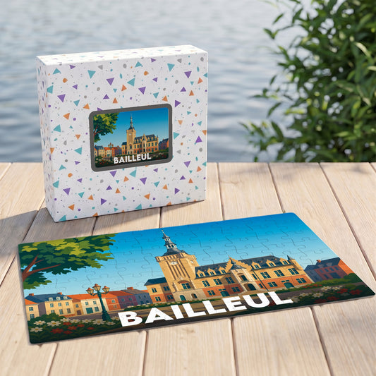 Puzzle souvenir de la ville de Bailleul avec une illustration stylisée de son hôtel de ville et de son beffroi.