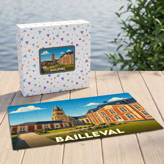Puzzle souvenir de la ville de Bailleval avec une illustration colorée et stylisée de son patrimoine.