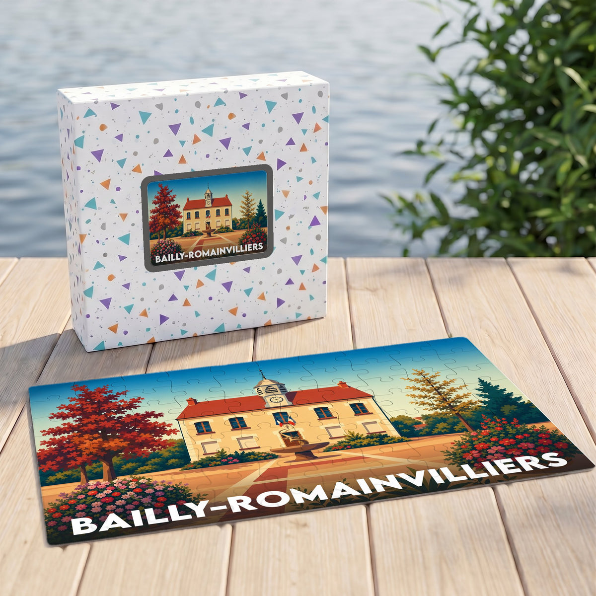 Puzzle souvenir de la ville de Bailly-Romainvilliers avec une illustration colorée de sa mairie.