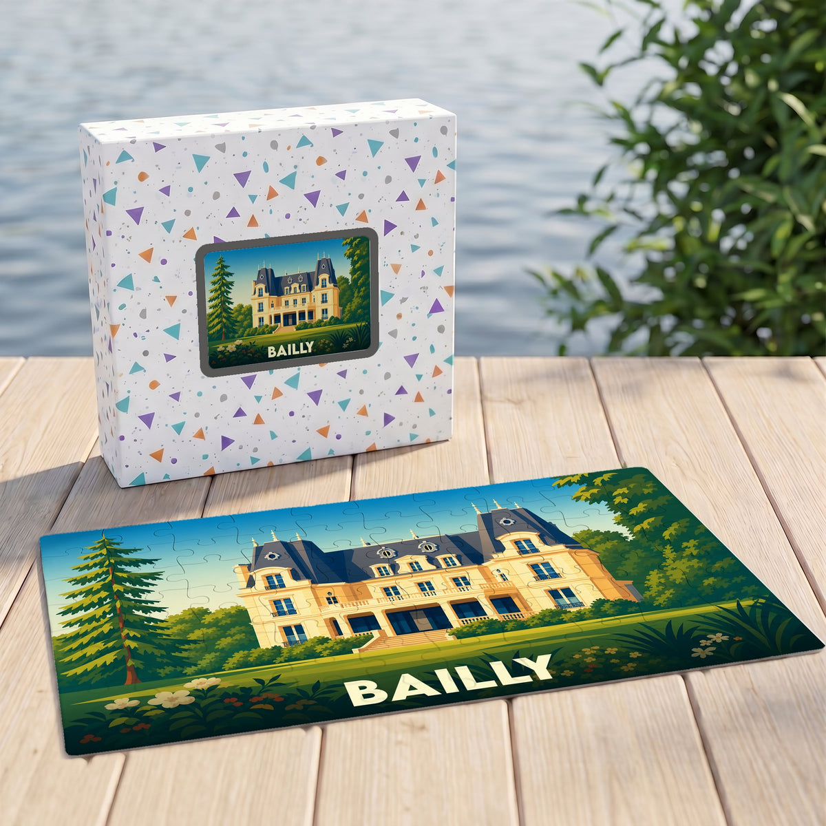 Puzzle souvenir de la ville de Bailly avec une illustration stylisée d'un château.