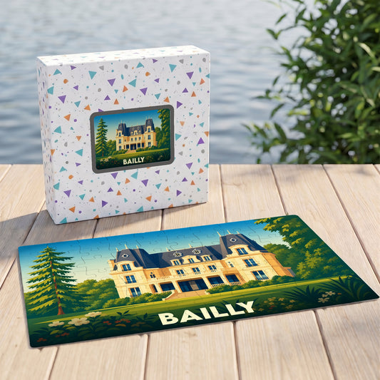 Puzzle souvenir de la ville de Bailly avec une illustration stylisée d'un château.