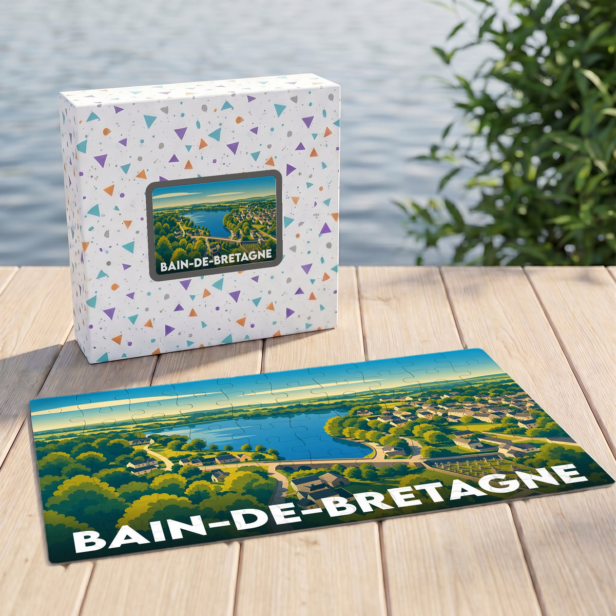 Puzzle souvenir de la ville de Bain-de-Bretagne représentant un paysage illustré avec son lac et ses habitations.