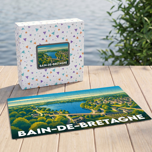 Puzzle souvenir de la ville de Bain-de-Bretagne représentant un paysage illustré avec son lac et ses habitations.