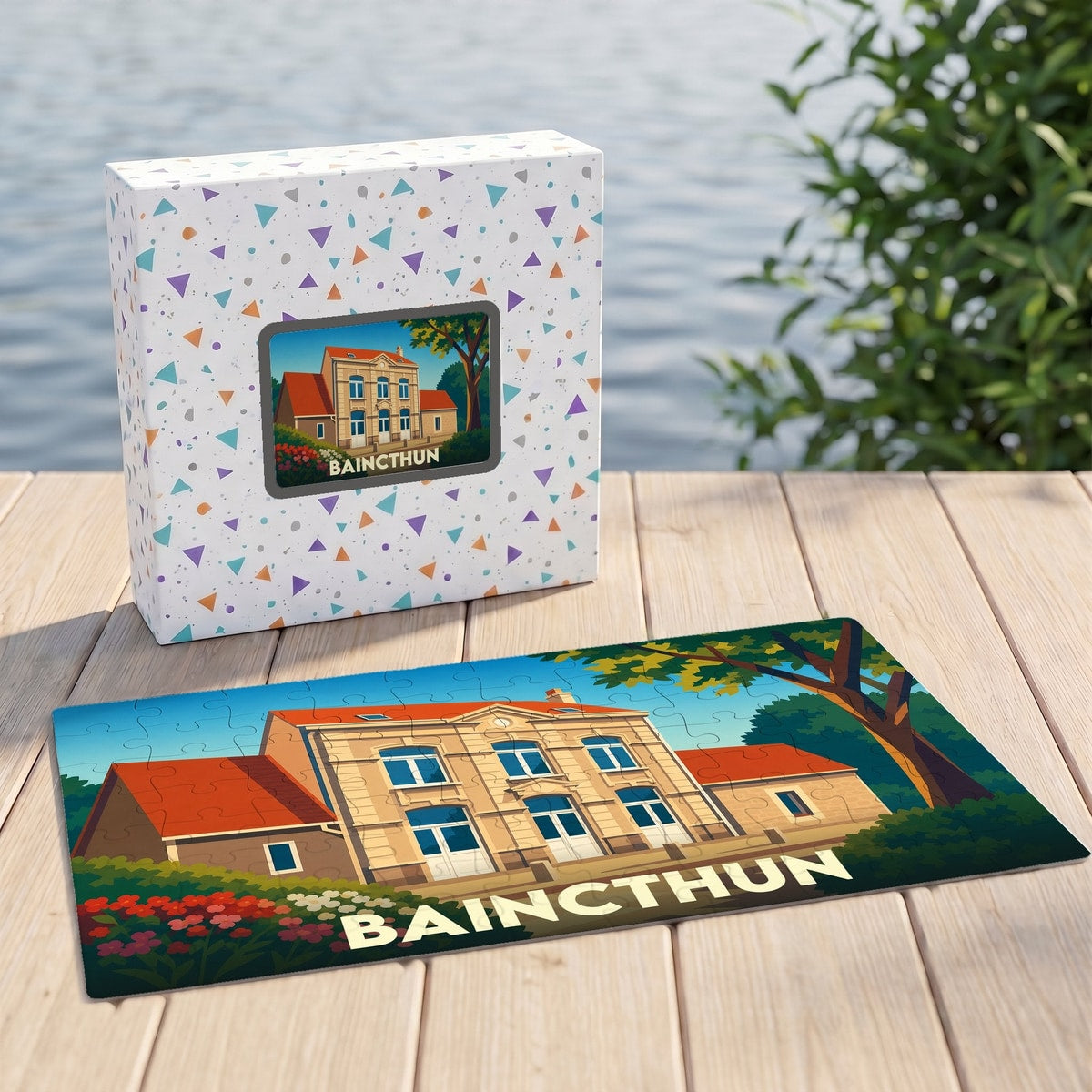 Puzzle souvenir de la ville de Baincthun avec une illustration stylisée d'un bâtiment historique.