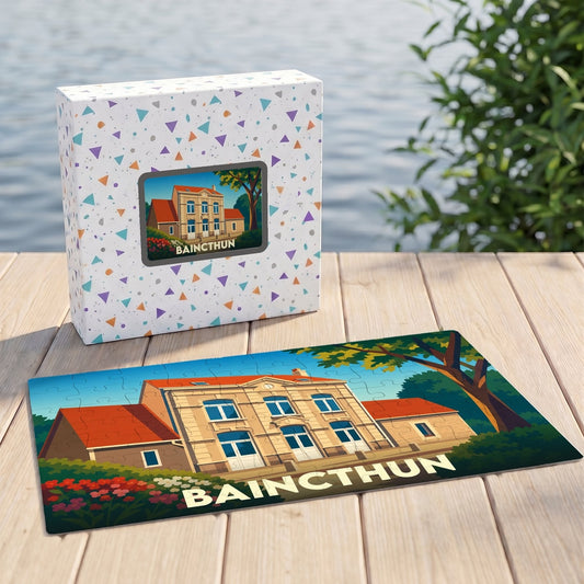 Puzzle souvenir de la ville de Baincthun avec une illustration stylisée d'un bâtiment historique.