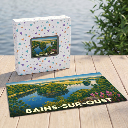Puzzle souvenir de la ville de Bains-sur-Oust avec son coffret assorti illustrant un paysage de rivière.