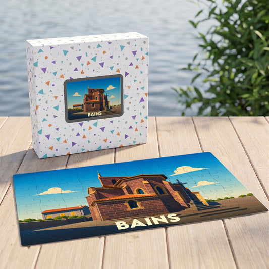 Puzzle souvenir de la ville de Bains représentant une église stylisée sous un ciel bleu.