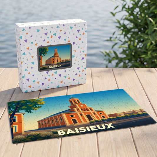 Puzzle souvenir de la ville de Baisieux avec une illustration stylisée de son église.