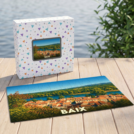 Puzzle souvenir de la ville de Baix illustrant un paysage urbain et fluvial stylisé.