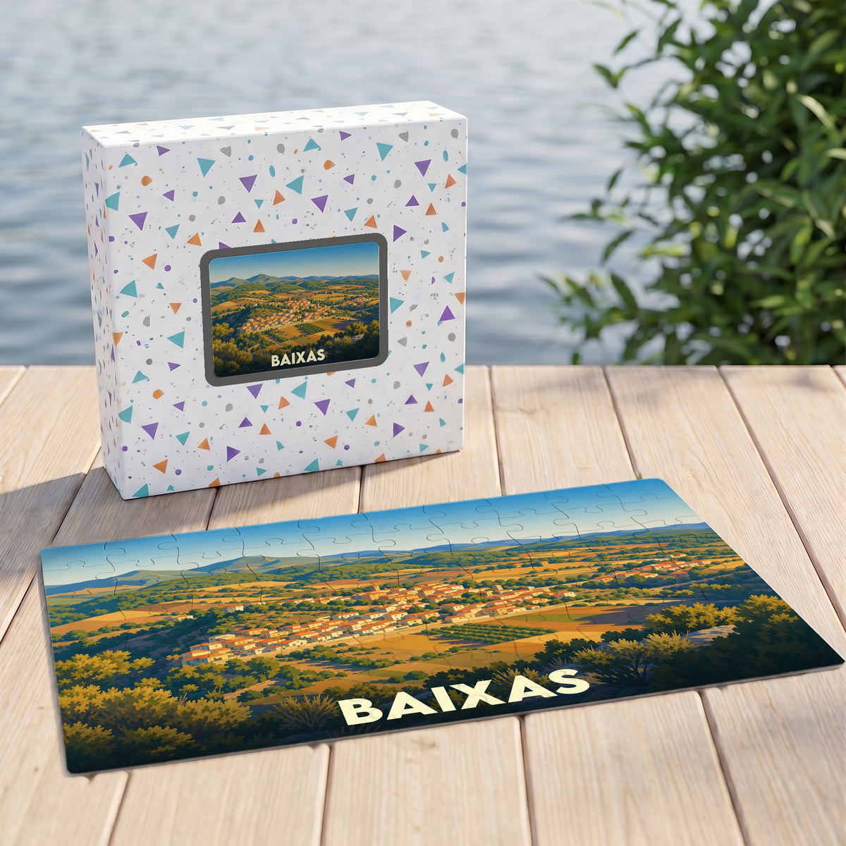 Puzzle souvenir de la ville de Baixas avec une illustration paysagère stylisée.