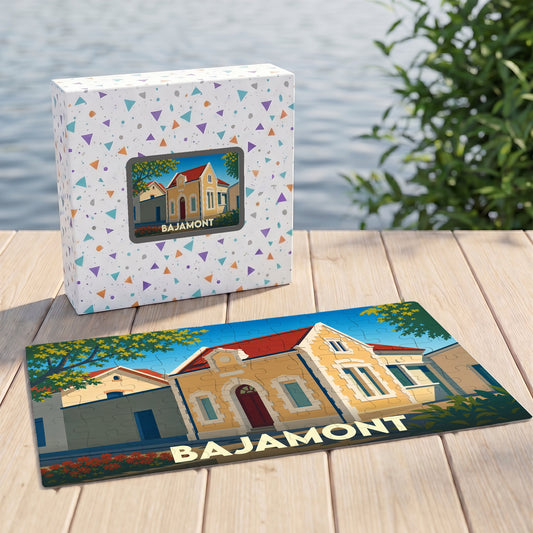 Puzzle souvenir de la ville de Bajamont avec une illustration stylisée d'une maison typique.