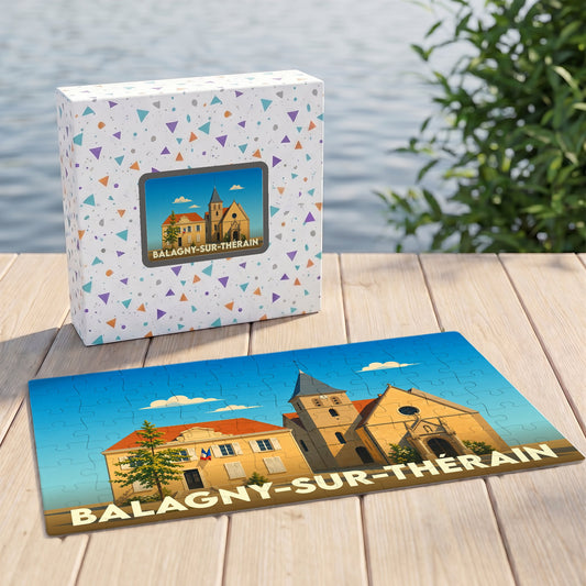 Puzzle souvenir de la ville de Balagny-sur-Thérain avec une illustration stylisée de son église et de sa mairie.