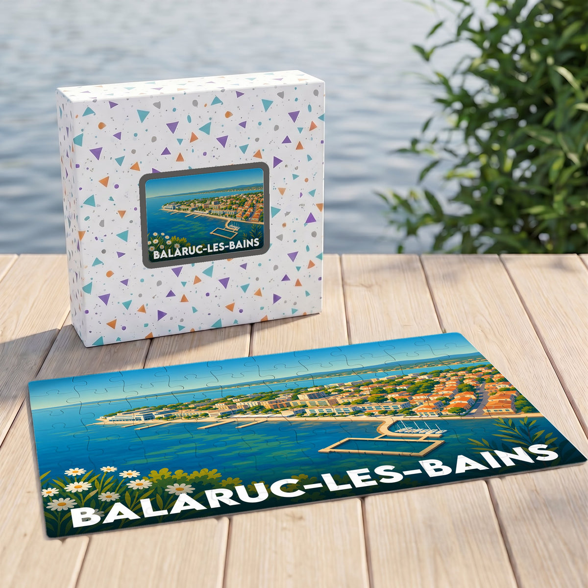 Puzzle souvenir de la ville de Balaruc-les-Bains avec une illustration panoramique stylisée en bord de mer.