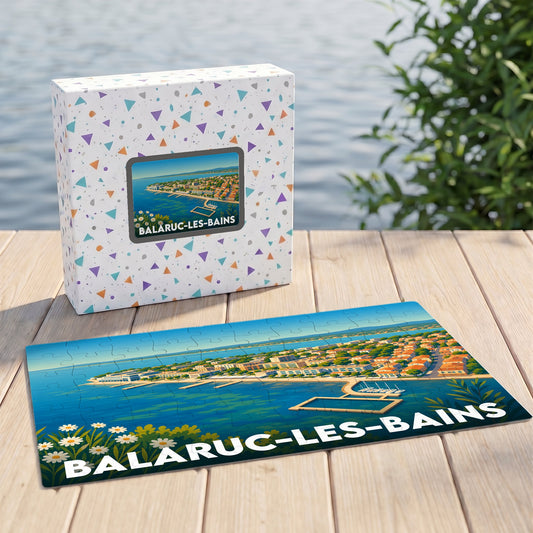 Puzzle souvenir de la ville de Balaruc-les-Bains avec une illustration panoramique stylisée en bord de mer.