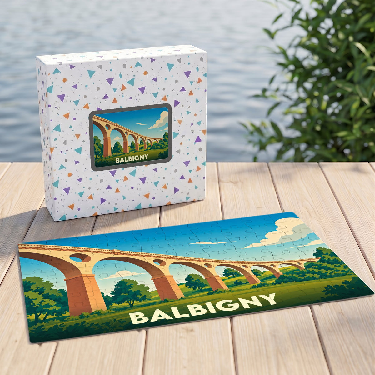Puzzle souvenir de la ville de Balbigny représentant un viaduc avec une illustration stylisée.