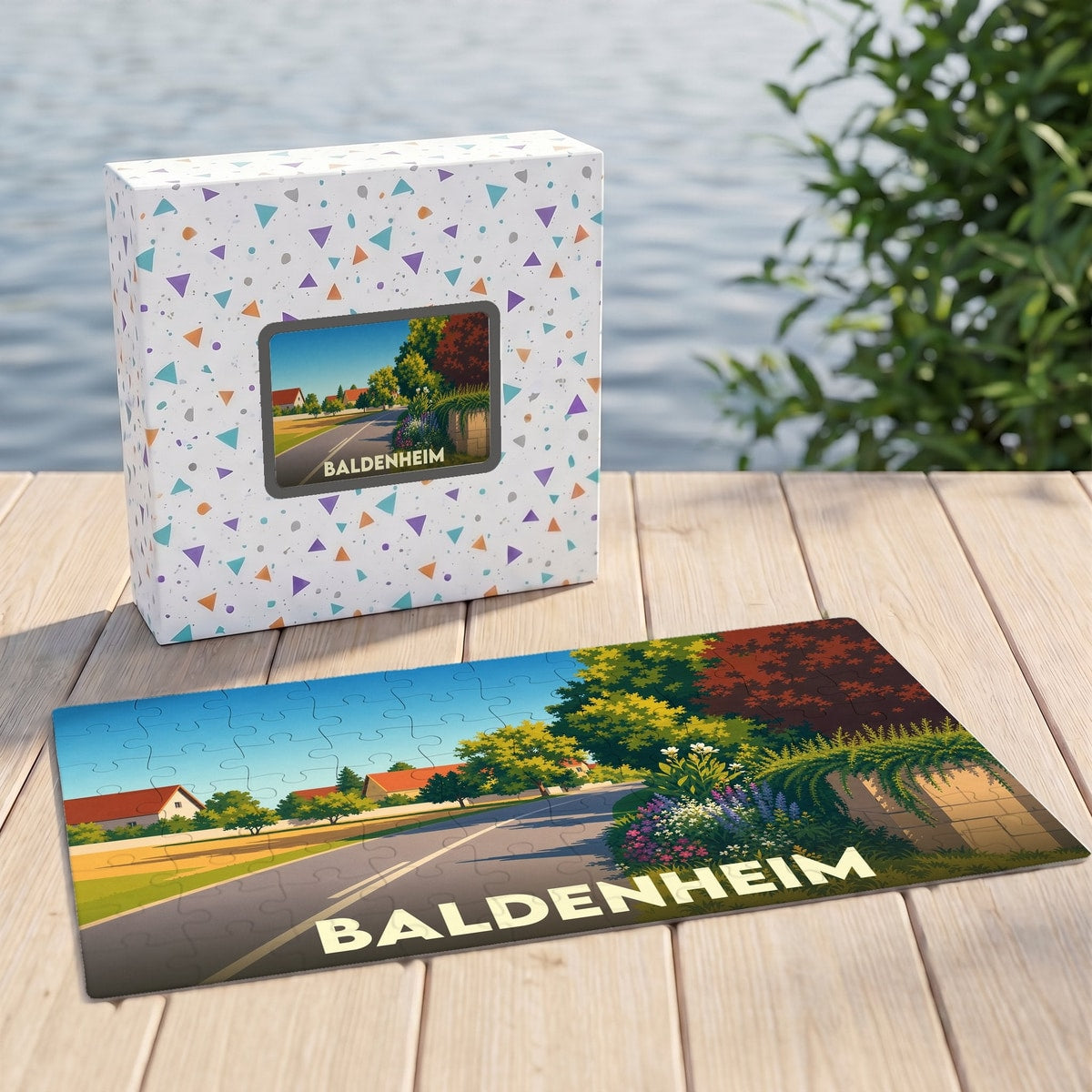 Puzzle souvenir de la ville de Baldenheim avec une illustration paysagère colorée.