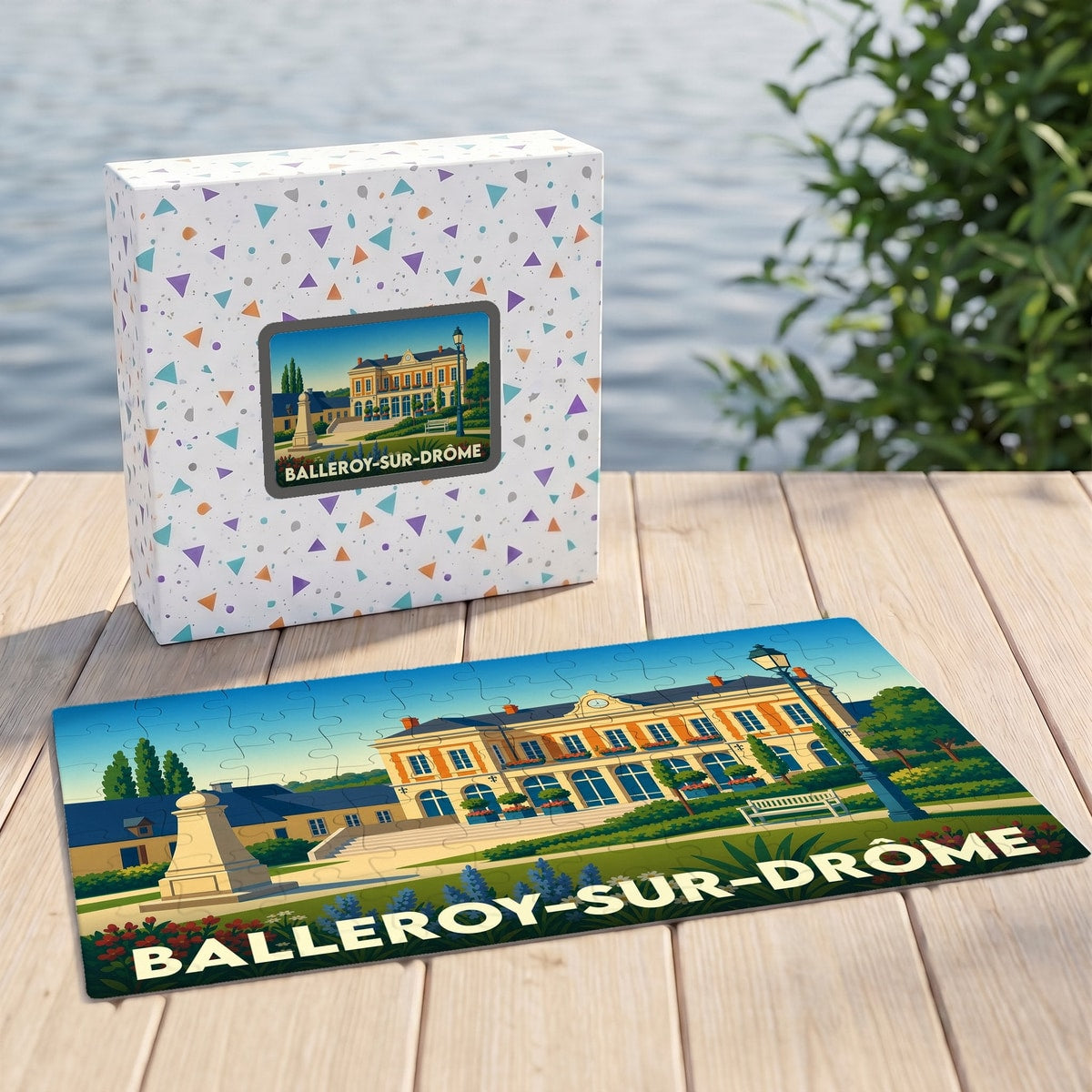 Puzzle souvenir de la ville de Balleroy-sur-Drôme avec une illustration stylisée d'un château.