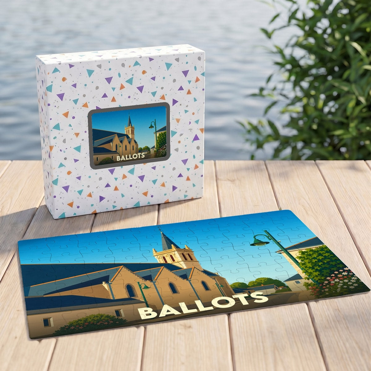 Puzzle souvenir de la ville de Ballots avec une illustration stylisée de son église.