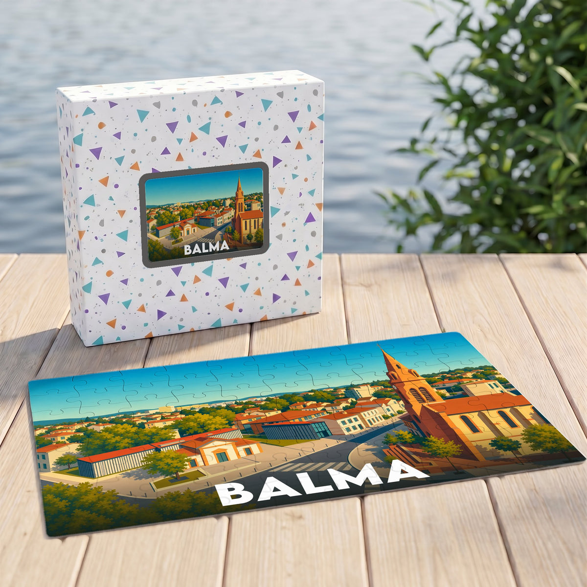Puzzle souvenir de la ville de Balma avec une illustration colorée de son église et de ses toits rouges.