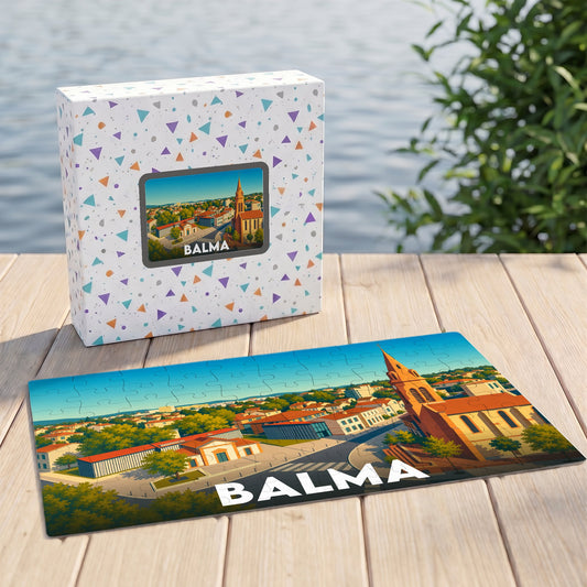 Puzzle souvenir de la ville de Balma avec une illustration colorée de son église et de ses toits rouges.