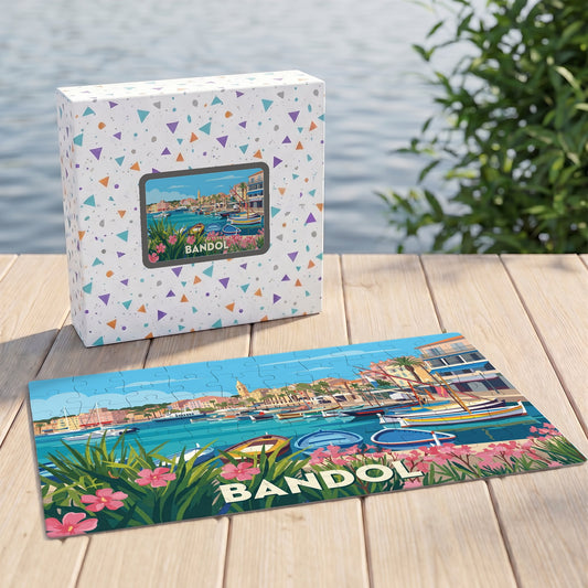 Puzzle souvenir de la ville de Bandol avec une illustration colorée de son port.