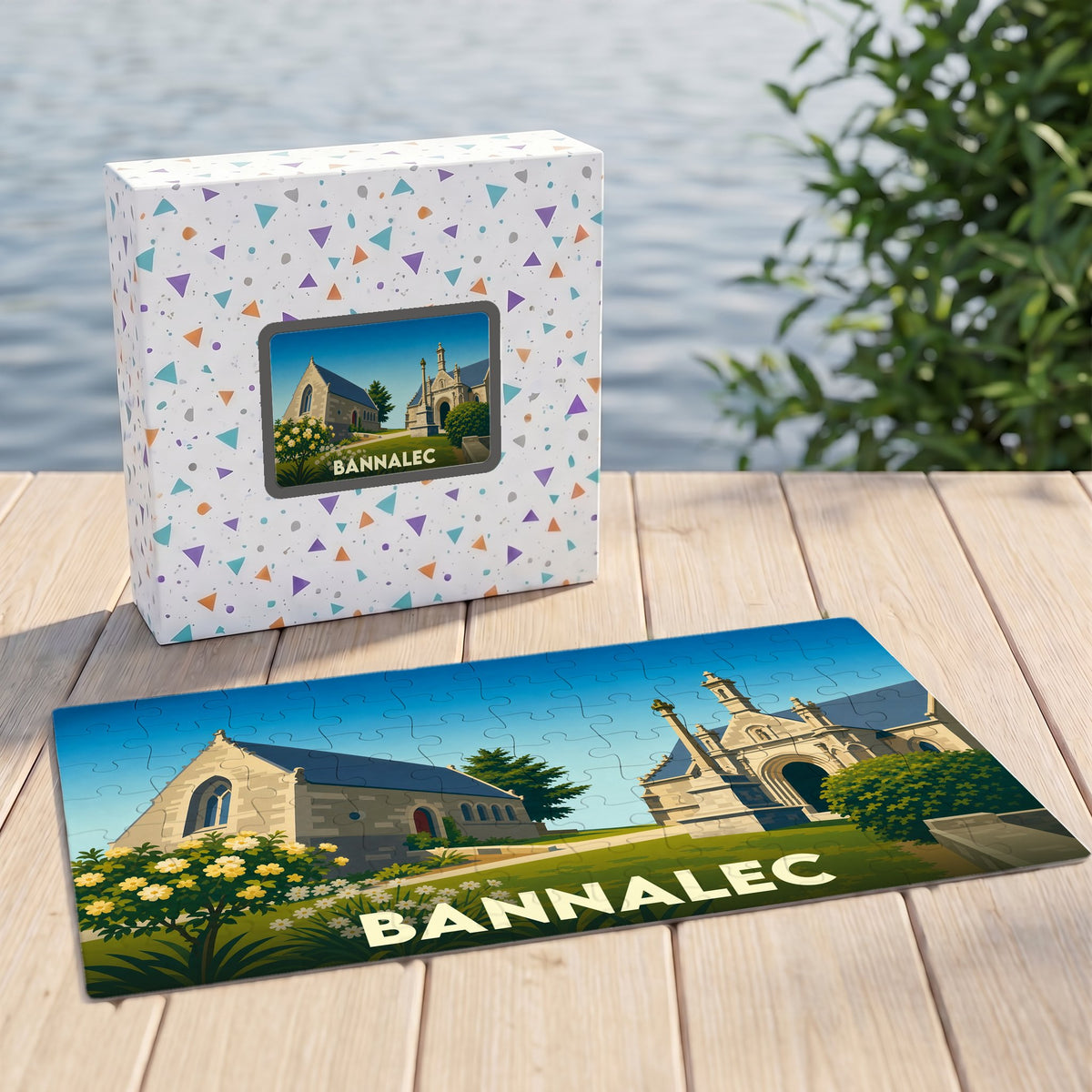 Puzzle souvenir de la ville de Bannalec avec une illustration stylisée de son patrimoine.