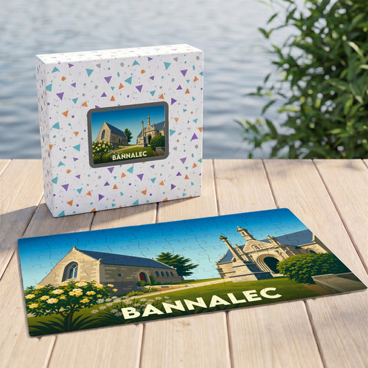 Puzzle souvenir de la ville de Bannalec avec une illustration stylisée de son patrimoine.